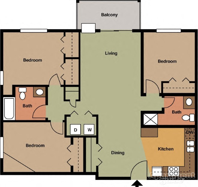 Floor plan for 3 beds, 2 baths, 1216 sqft
